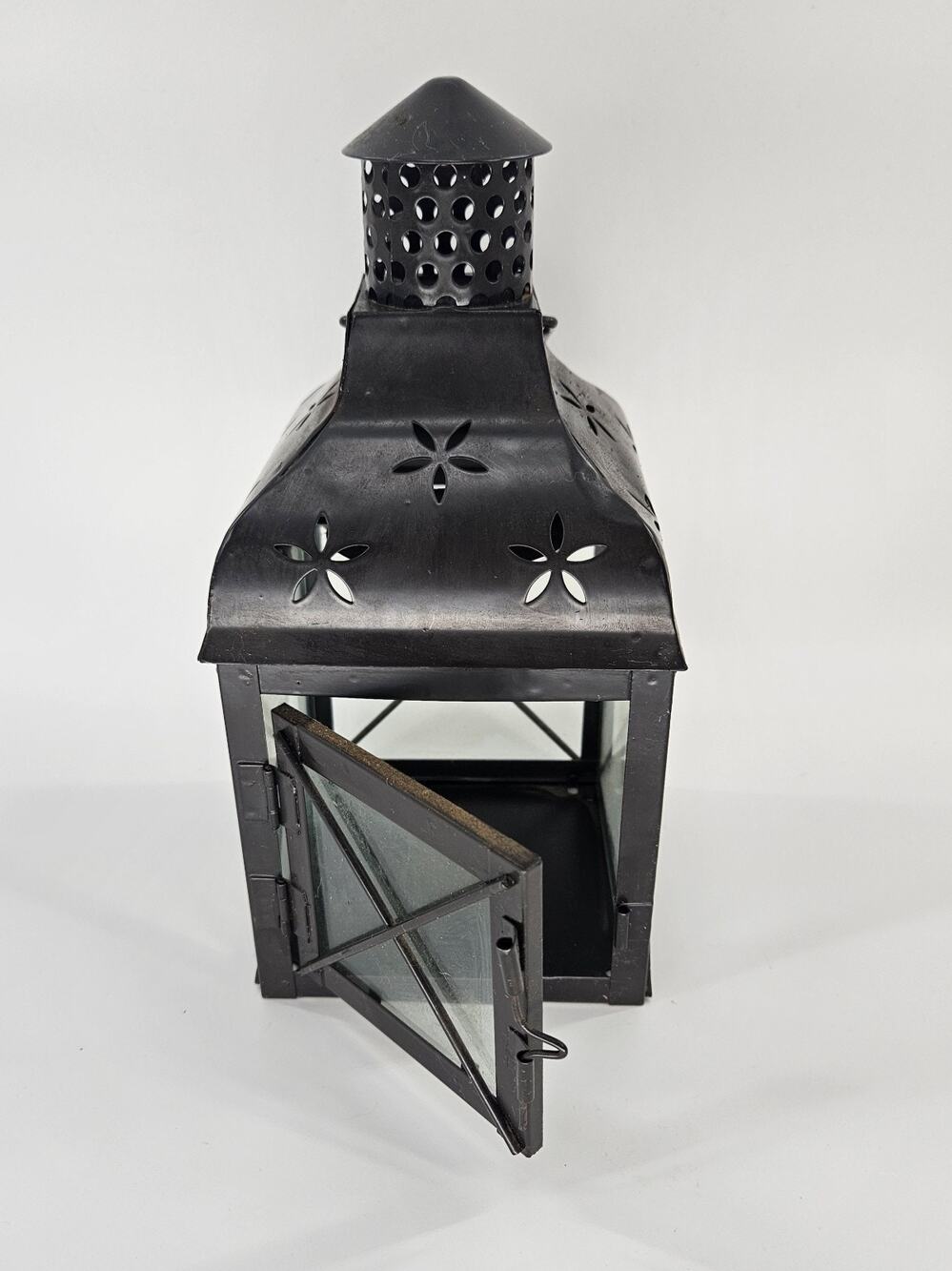 Black Metal Candle Lantern Glass Panels Floral Cutout Hanging Rustic Decor